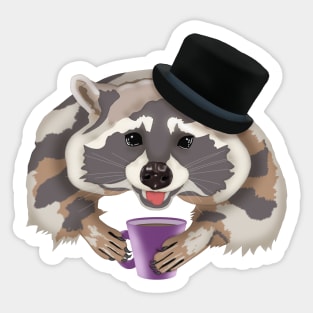 Raccoon in a hat with a mug of coffee Sticker